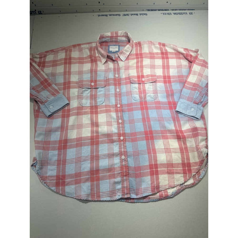 American Eagle Women Pink Blue Plaid Oversized Button Down Flannel Shirt Medium